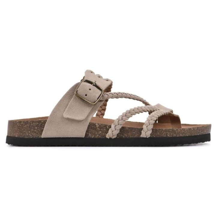 Close-up of the adjustable gold-tone buckle on the Kaelen braided cork sandals, against a light background.