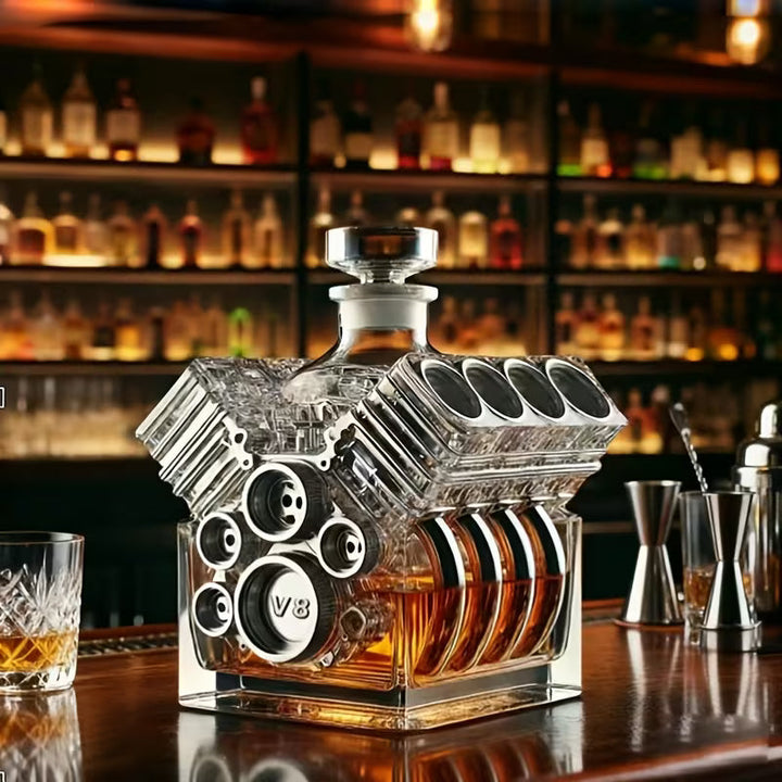 Front view of the Lyra motor decanter showing its unique engine-inspired design and clear glass.