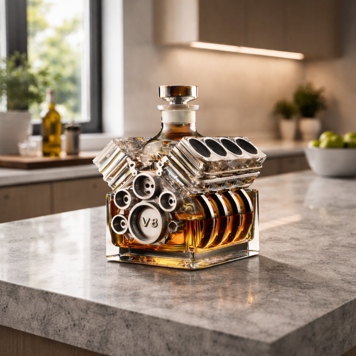 Detailed shot of the handcrafted Lyra whisky bottle, highlighting the intricate mechanical elements and elegant curves.