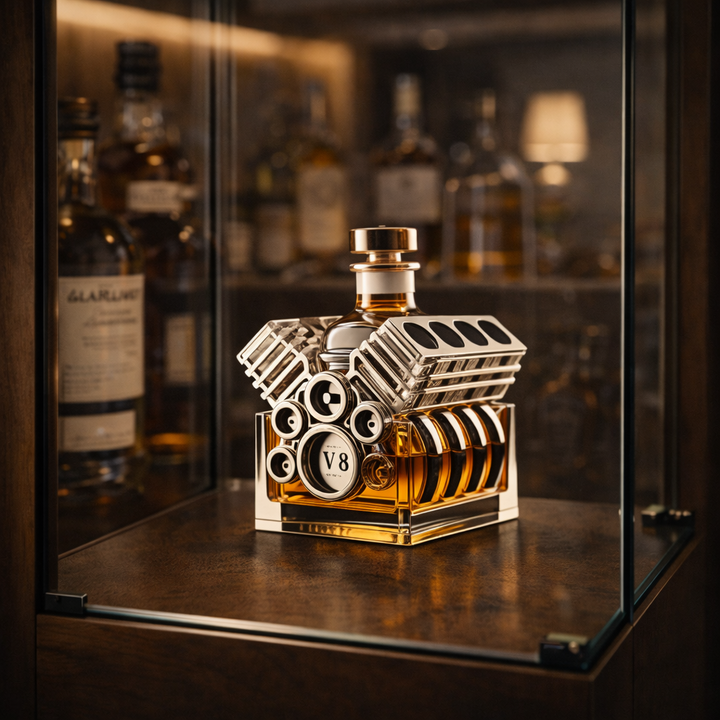 Lifestyle image of the Lyra motor decanter filled with amber liquid, placed on a dark wooden bar alongside a glass of whisky.