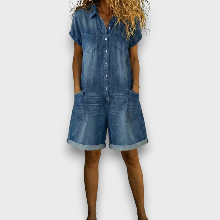 Joan | Vintage Short Cotton Denim-Look Overalls
