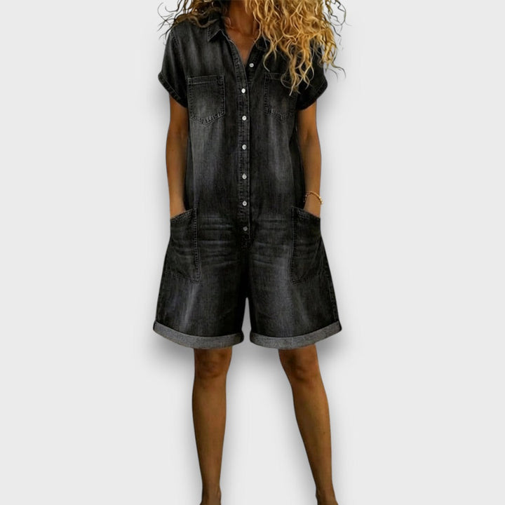 Joan | Vintage Short Cotton Denim-Look Overalls