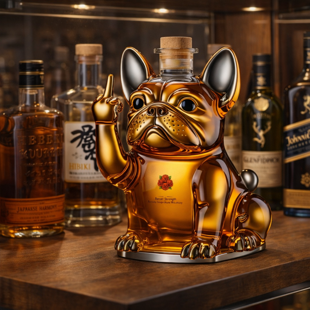 Front view of the Rhiannon dog-shaped whisky decanter, showcasing its intricate details and clear glass.