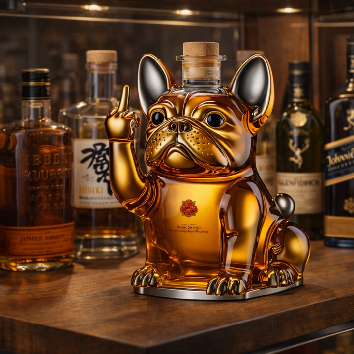 Front view of the Rhiannon dog-shaped whisky decanter, showcasing its intricate details and clear glass.