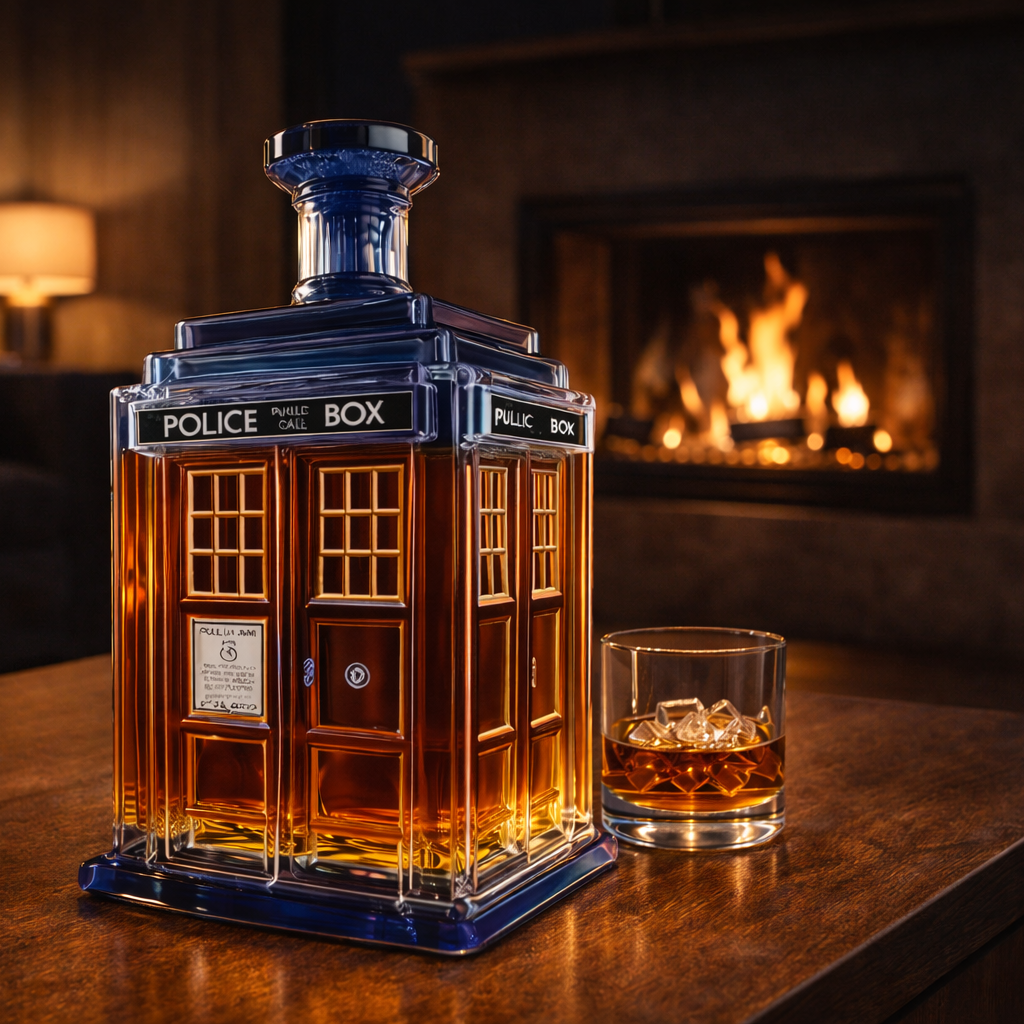 Front view of the Rhiannon Doctor Who inspired whisky decanter, showcasing its unique TARDIS-like shape.