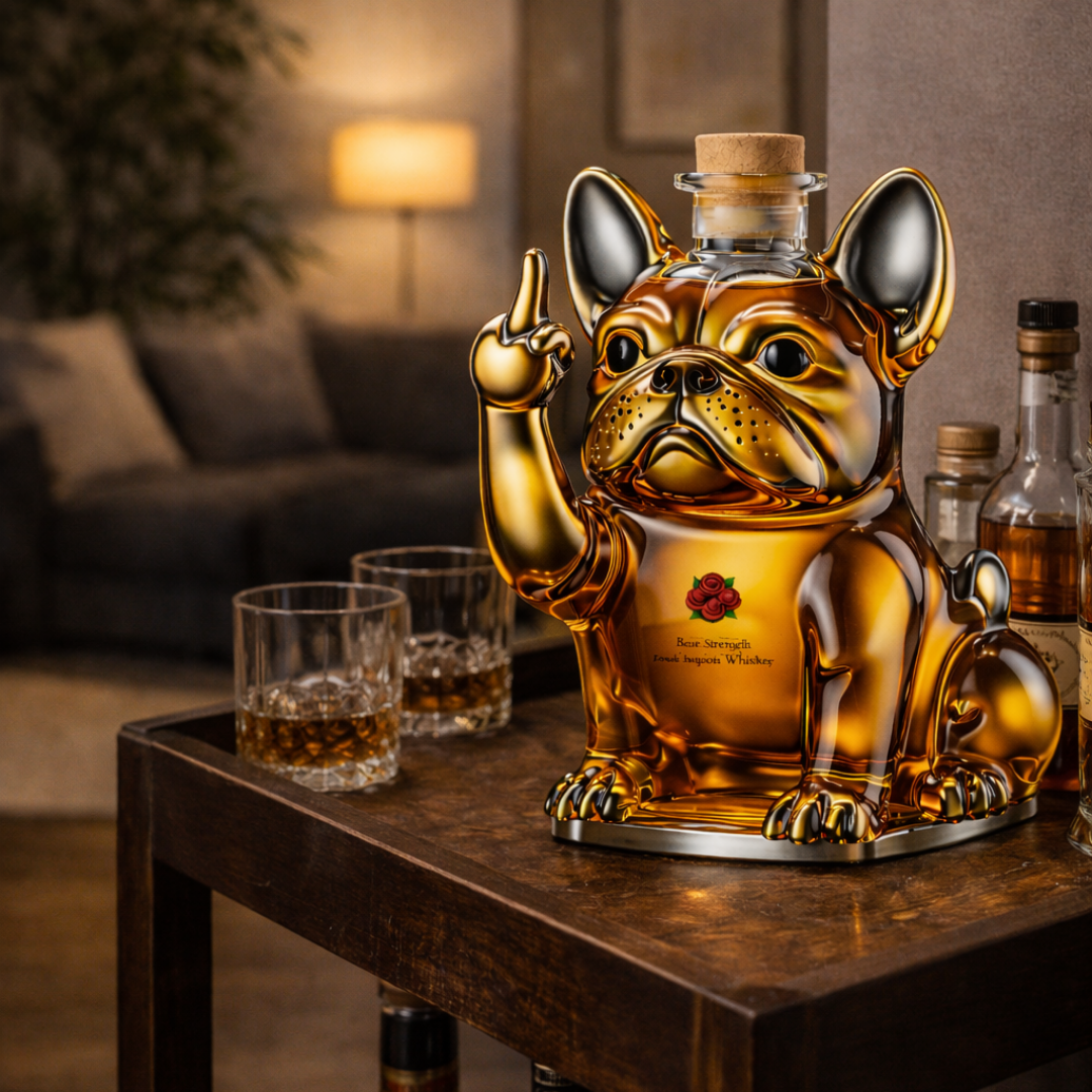 Side profile of the unique canine whisky decanter, highlighting its elegant curves and artistic form.