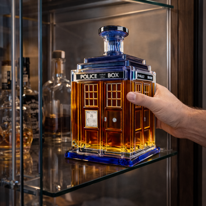 Angled shot of the Rhiannon whisky decanter, highlighting the intricate paneling and design details.