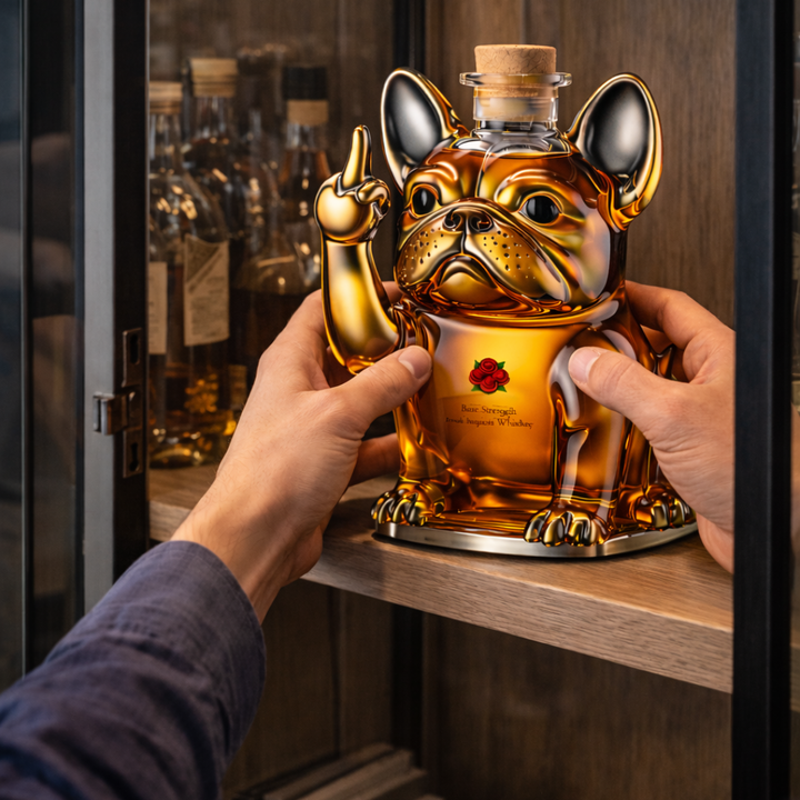 Close-up detail of the Rhiannon whisky decanter's head, emphasizing the fine craftsmanship of the dog's features.