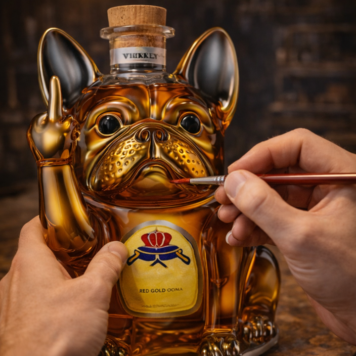Lifestyle shot of the dog-inspired whisky decanter displayed on a bar cart with other spirits, enhancing a sophisticated ambiance.