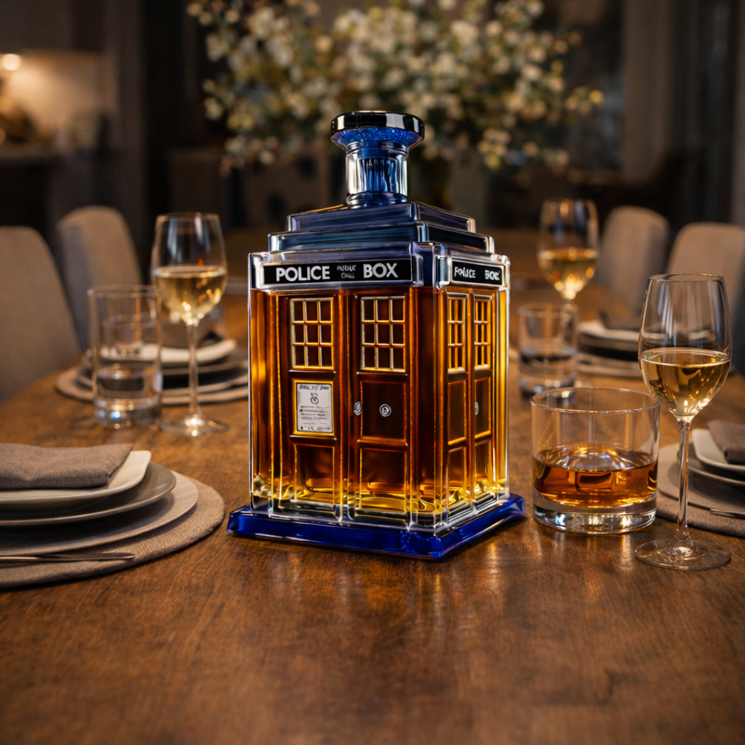 The Rhiannon whisky decanter displayed elegantly on a wooden shelf, suggesting a sophisticated collection.
