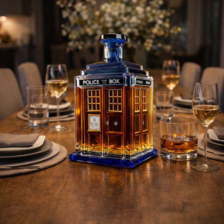 The Rhiannon whisky decanter displayed elegantly on a wooden shelf, suggesting a sophisticated collection.