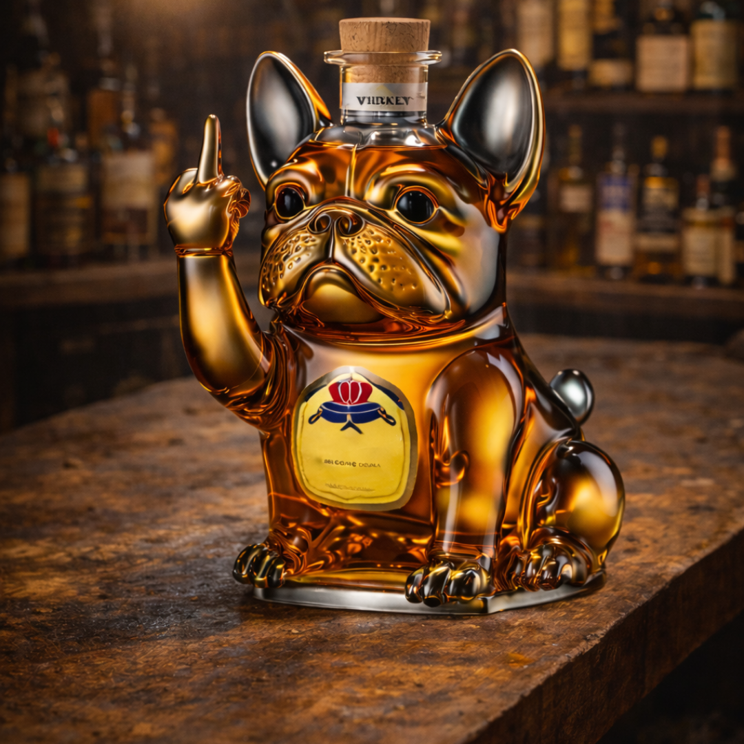Angled view of the Rhiannon whisky decanter, capturing its reflective surface and the playful yet refined dog statue design.