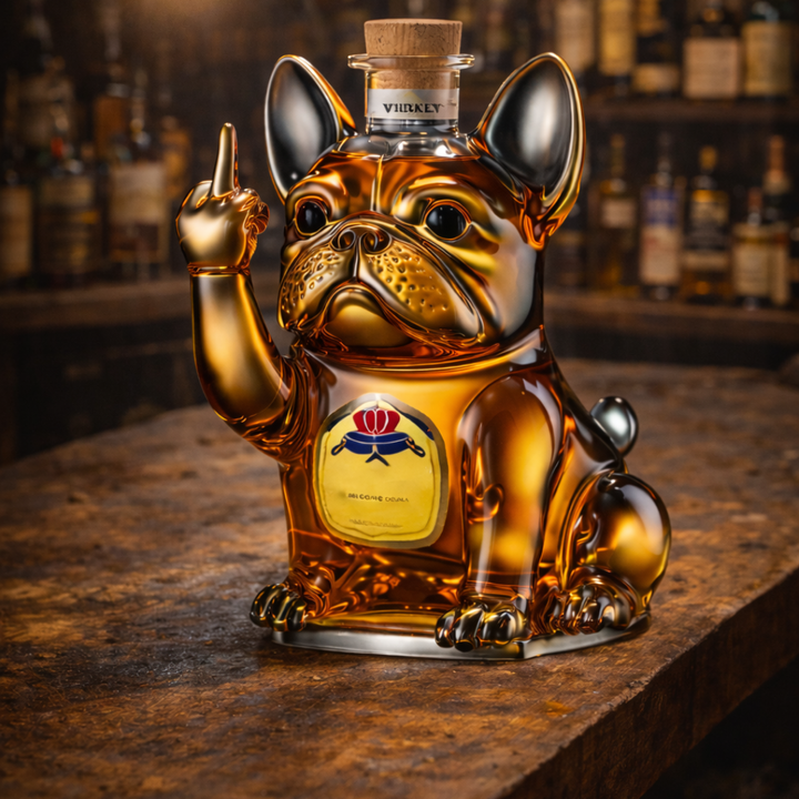 Angled view of the Rhiannon whisky decanter, capturing its reflective surface and the playful yet refined dog statue design.