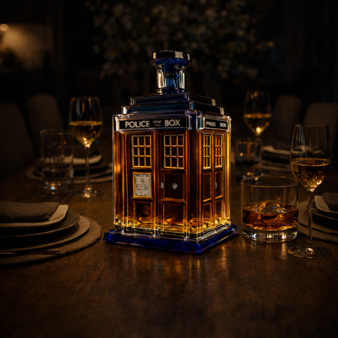 A hand holding the Rhiannon Doctor Who inspired decanter, illustrating its ergonomic feel and size.