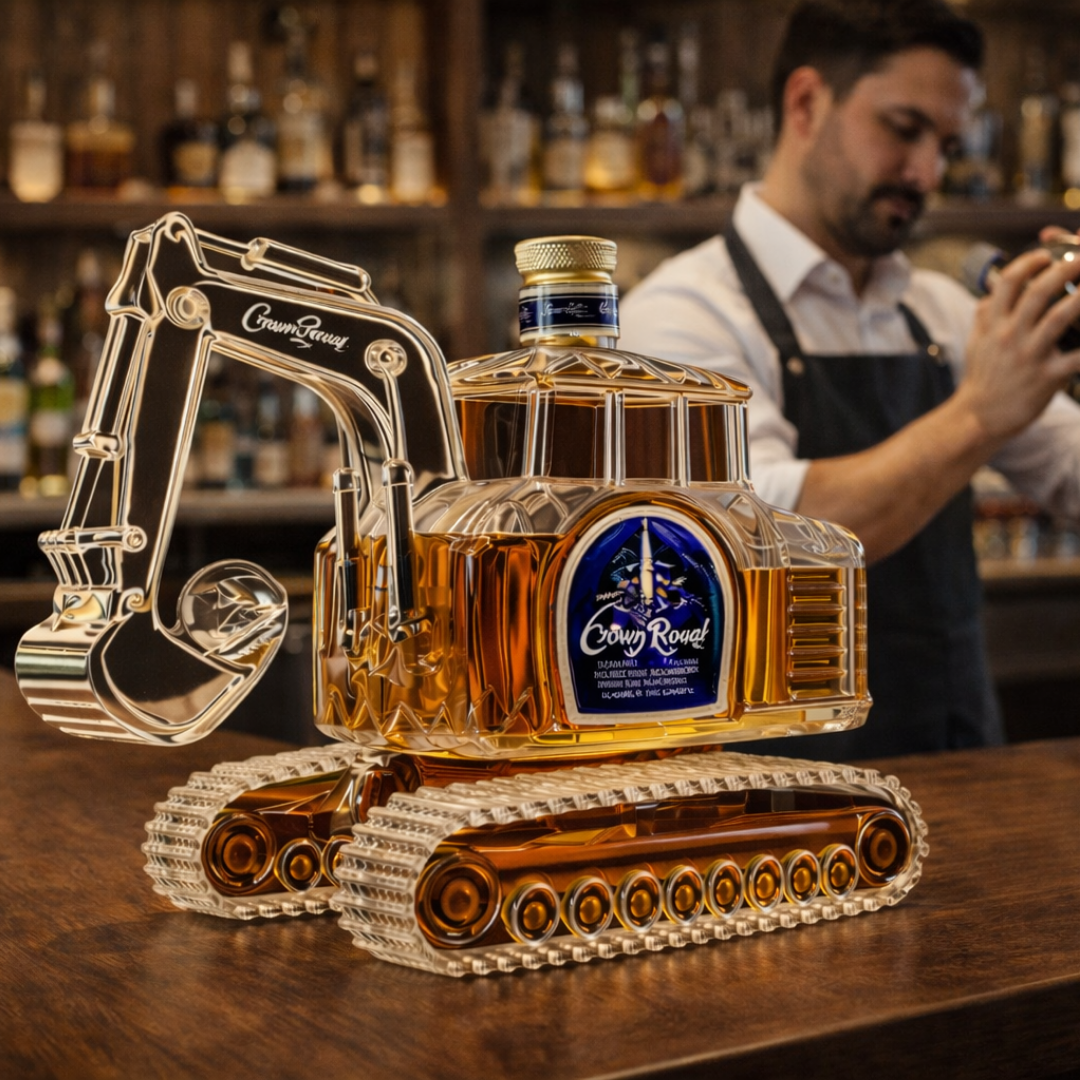 The Rosalind unique whisky decanter displayed elegantly on a dark wooden bar counter, ready for pouring.