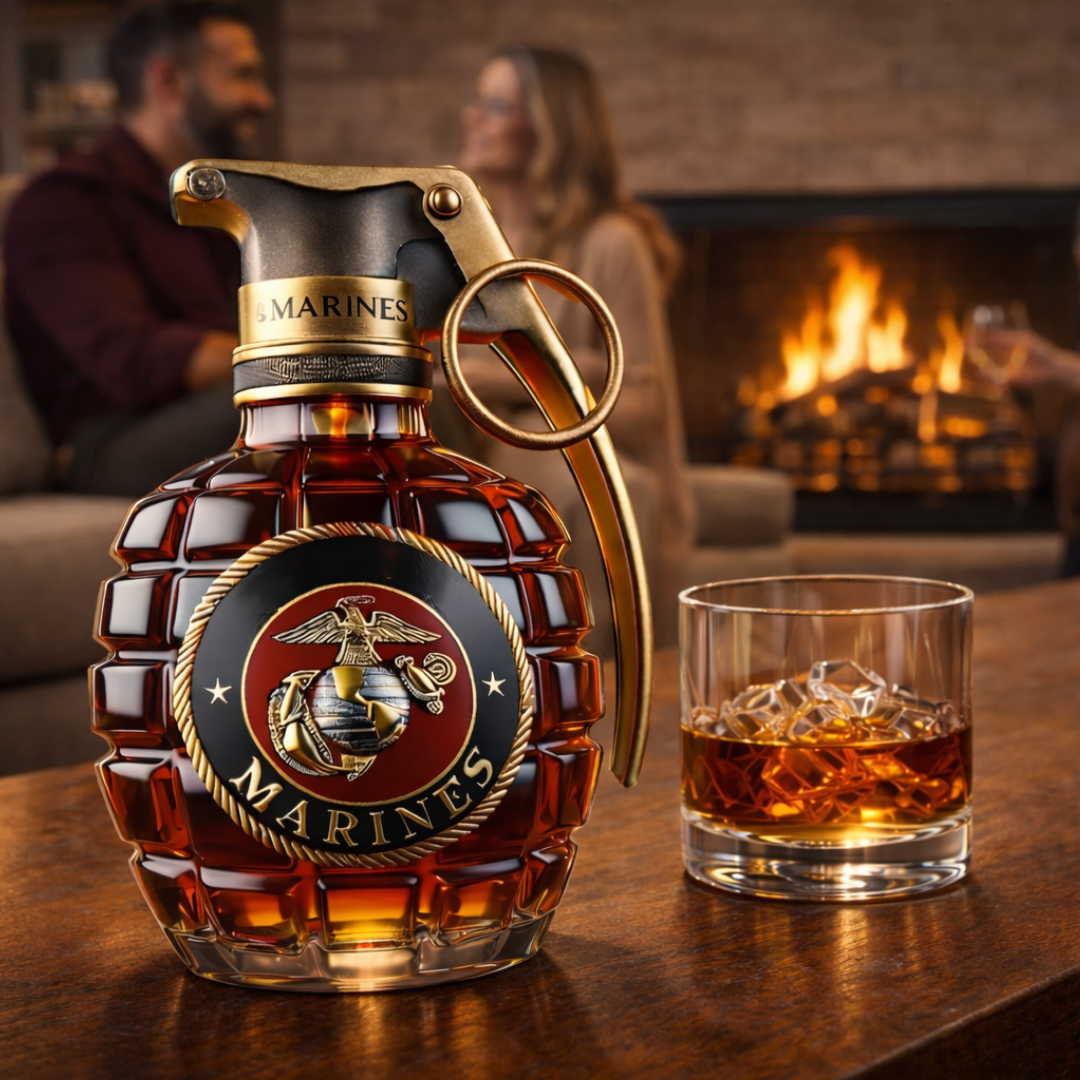 Front view of the Rune Commemorative Whisky Decanter, showcasing its unique sculpted glass form on a dark background.