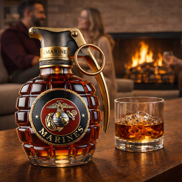 Front view of the Rune Commemorative Whisky Decanter, showcasing its unique sculpted glass form on a dark background.