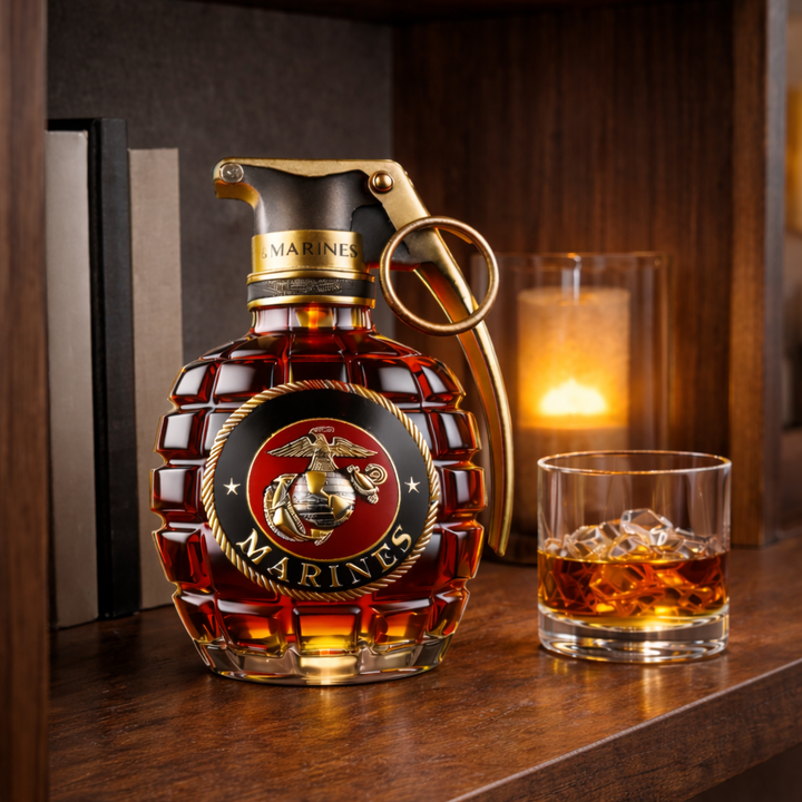 The Rune whisky decanter displayed elegantly on a wooden bar cart, surrounded by other bar essentials.