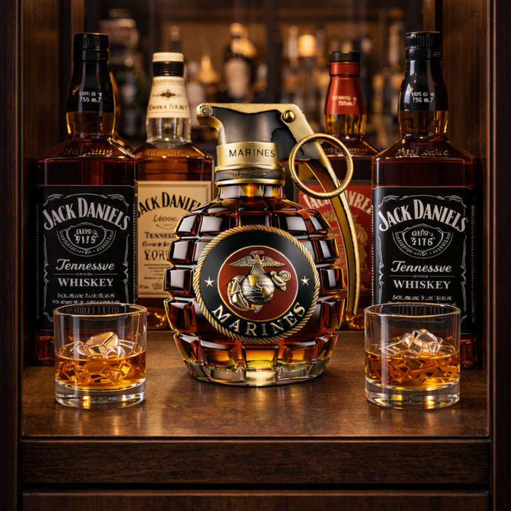 A hand holding the Rune whisky decanter, illustrating its comfortable grip and substantial feel.