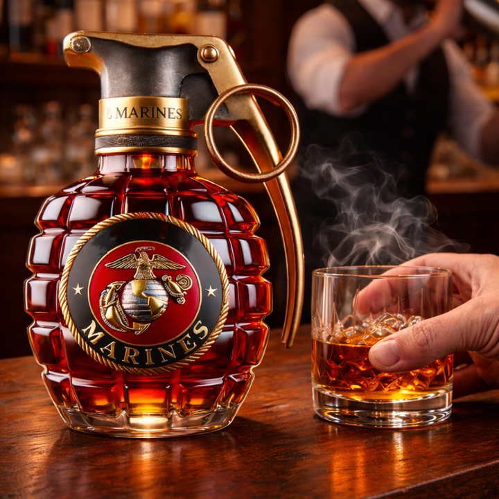 Lifestyle image of the Rune Commemorative Whisky Decanter on a desk in a study, adding a touch of sophistication.