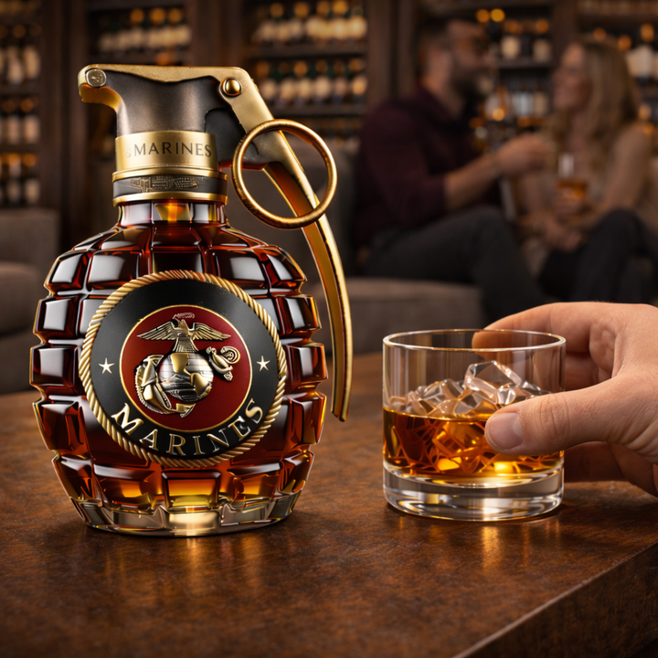 The empty Rune whisky decanter, ready to be filled, with ambient lighting creating reflections on the glass.