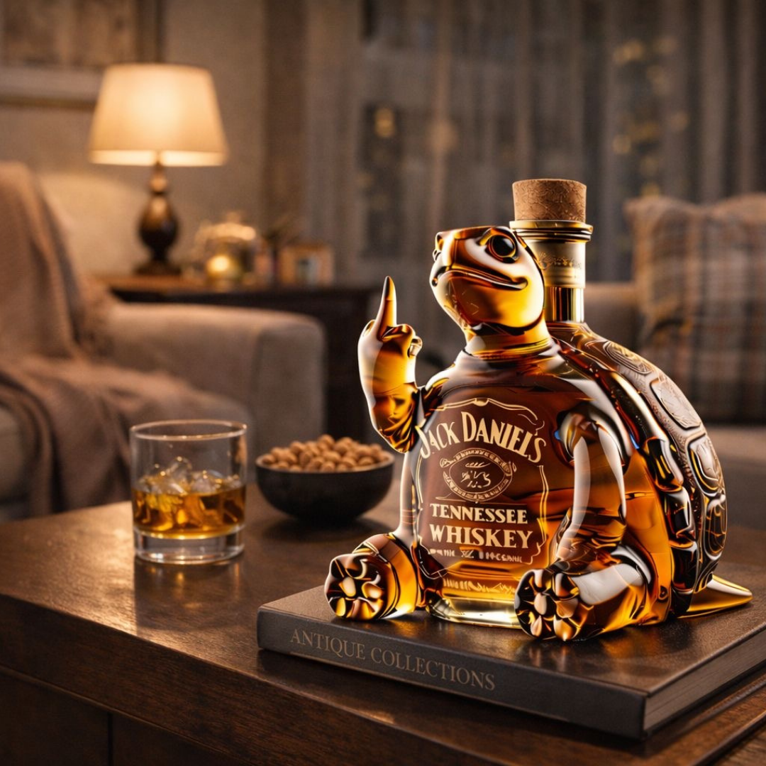 Front view of the Seraphina collectible novelty decanter, showcasing its unique turtle shape on a dark background.