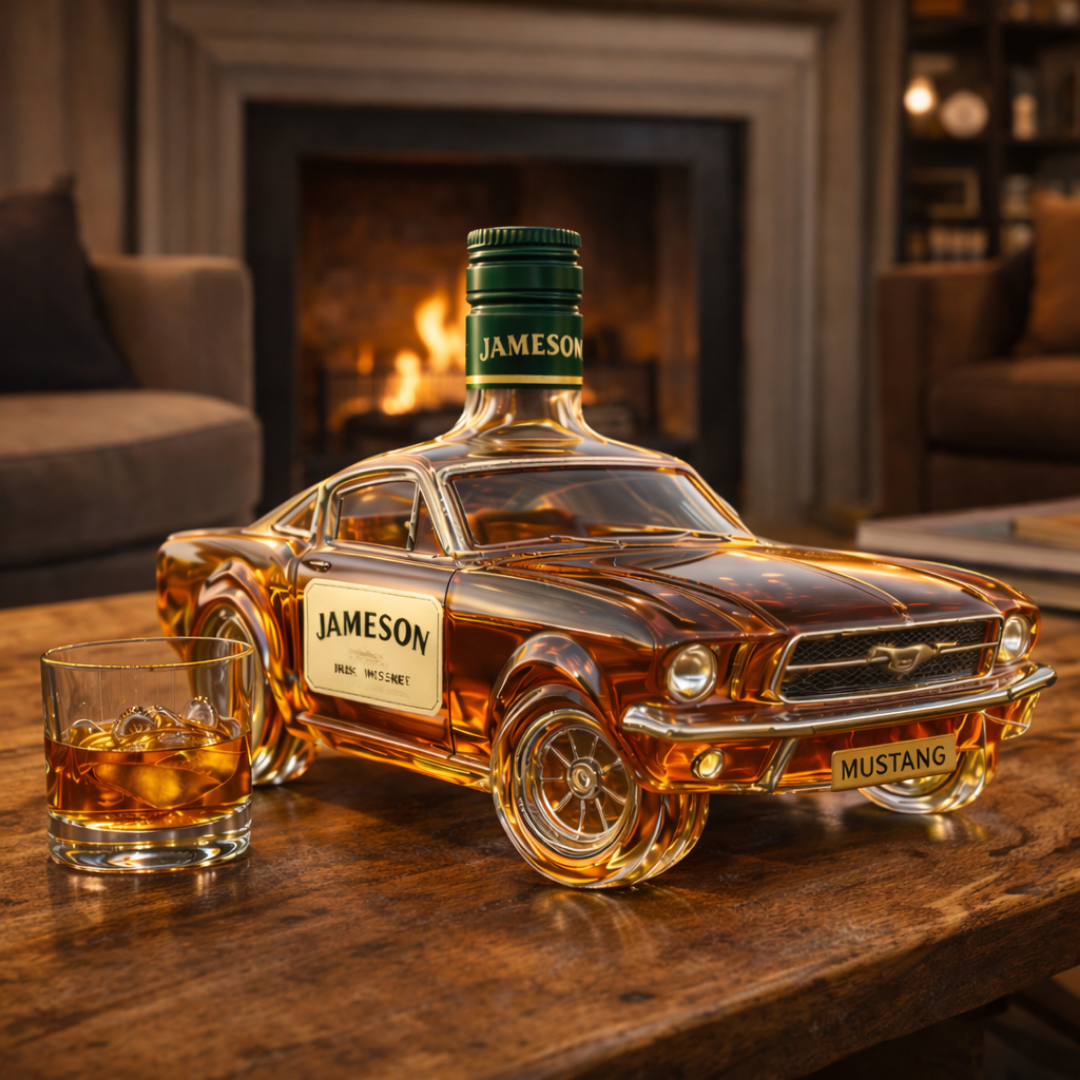 Front view of the sleek automotive design collectible decanter bottle on a dark background.