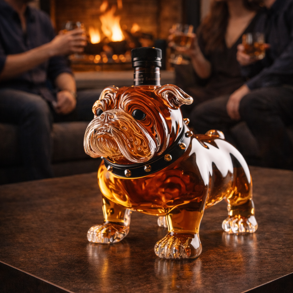 Front view of the Seraphina bulldog whisky decanter, showcasing its detailed glass sculpture.