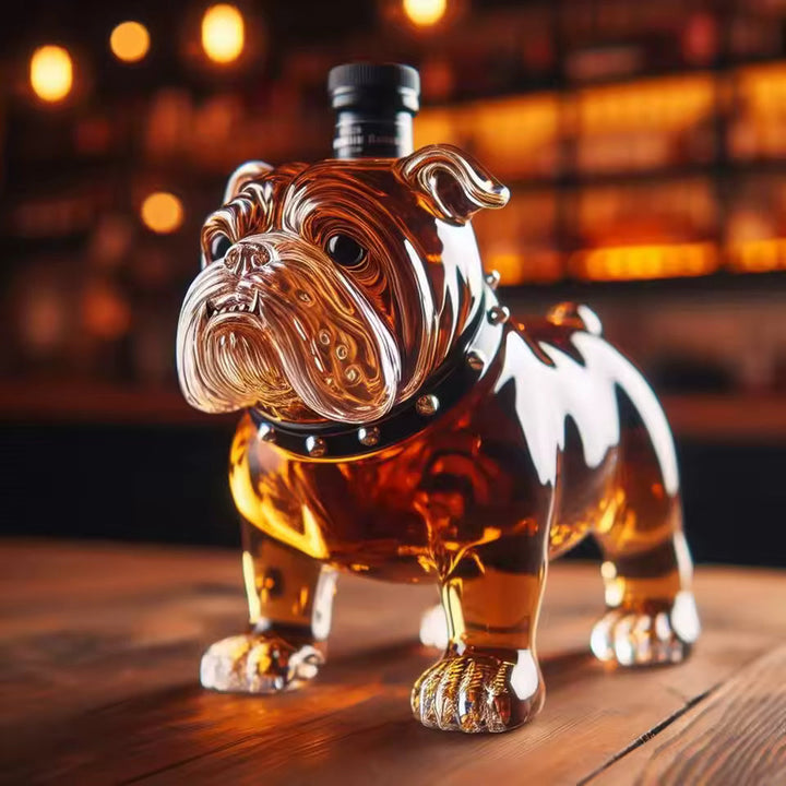 Angled shot of the Seraphina decanter, highlighting the intricate facial features and glass texture.