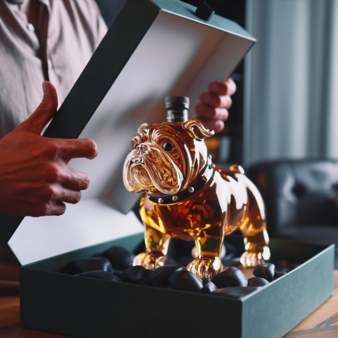 Close-up of the bulldog's head on the Seraphina whisky bottle, emphasizing the craftsmanship.