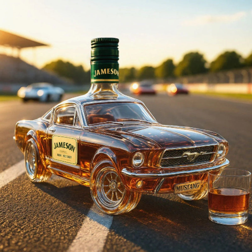 Angled view showcasing the robust base and elegant neck of the automotive design collectible decanter.