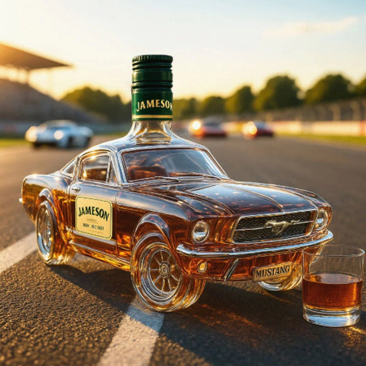 Angled view showcasing the robust base and elegant neck of the automotive design collectible decanter.