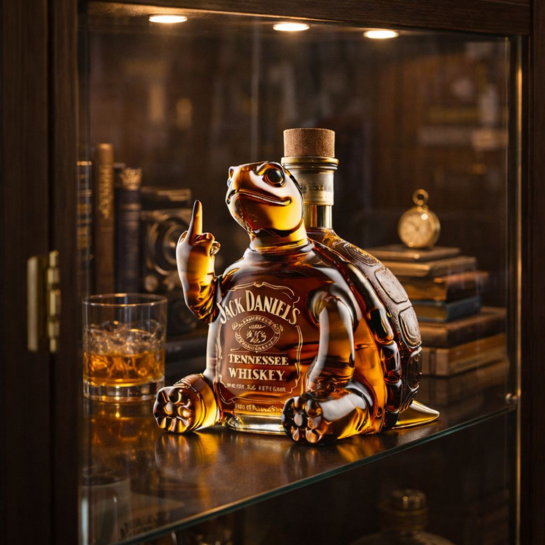 The Seraphina collectible novelty decanter displayed alongside a glass of amber liquid, emphasizing its use for spirits.