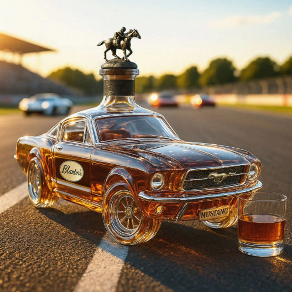 The empty 350ml collectible decanter bottle standing next to a classic car model for scale and context.