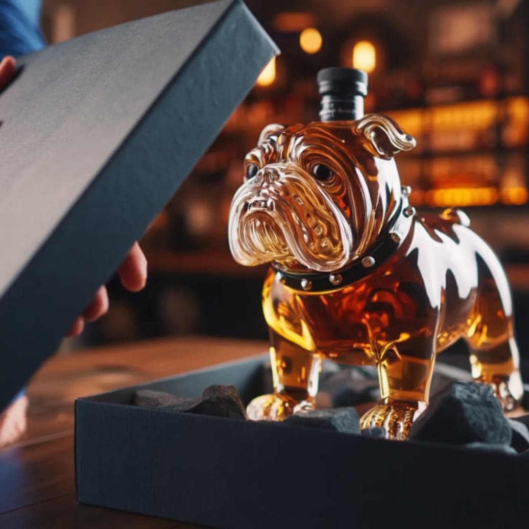 Seraphina glass decanter displayed on a dark wooden surface, accentuating its elegant form.