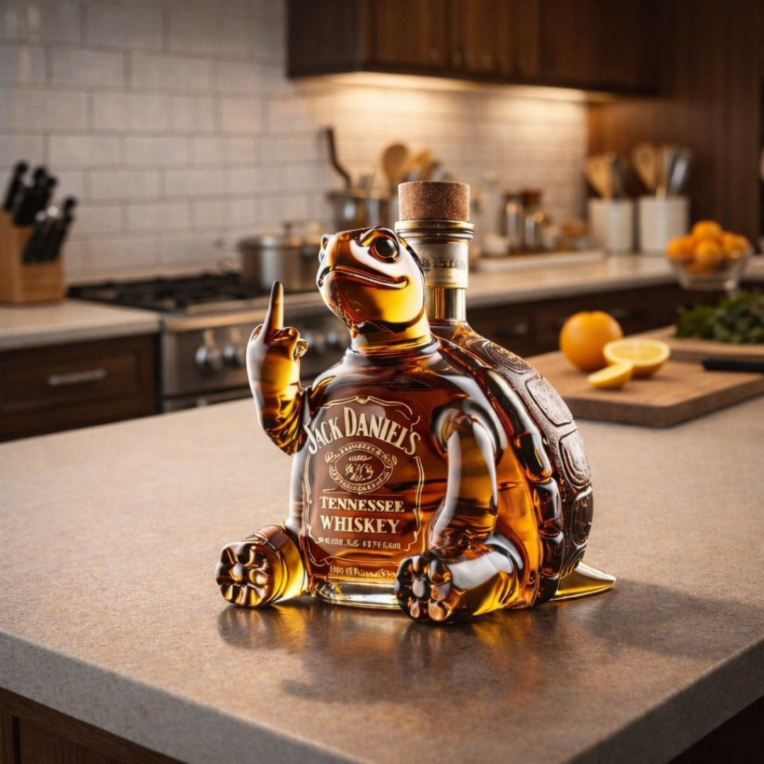 The Seraphina novelty decanter positioned on a wooden bar cart, suggesting a sophisticated home bar setup, with bottles in the background.