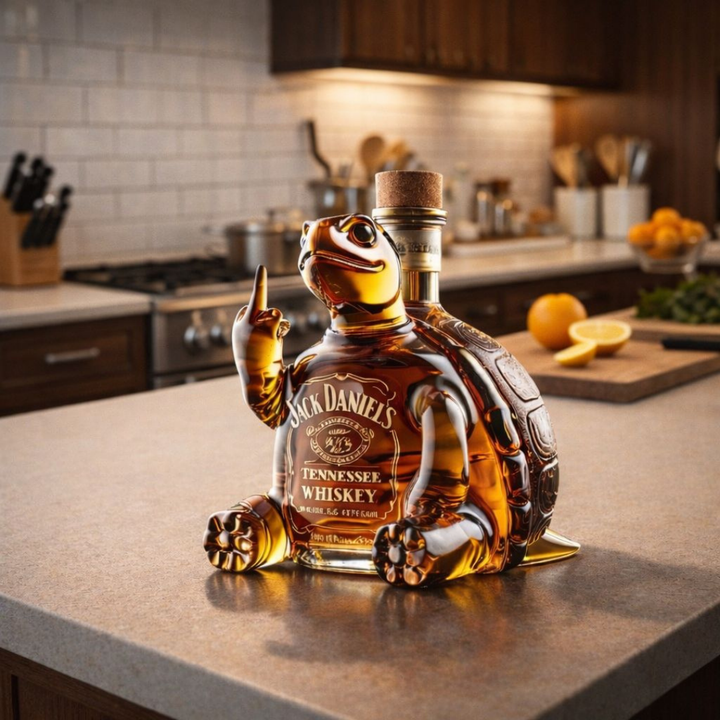 The Seraphina novelty decanter positioned on a wooden bar cart, suggesting a sophisticated home bar setup, with bottles in the background.