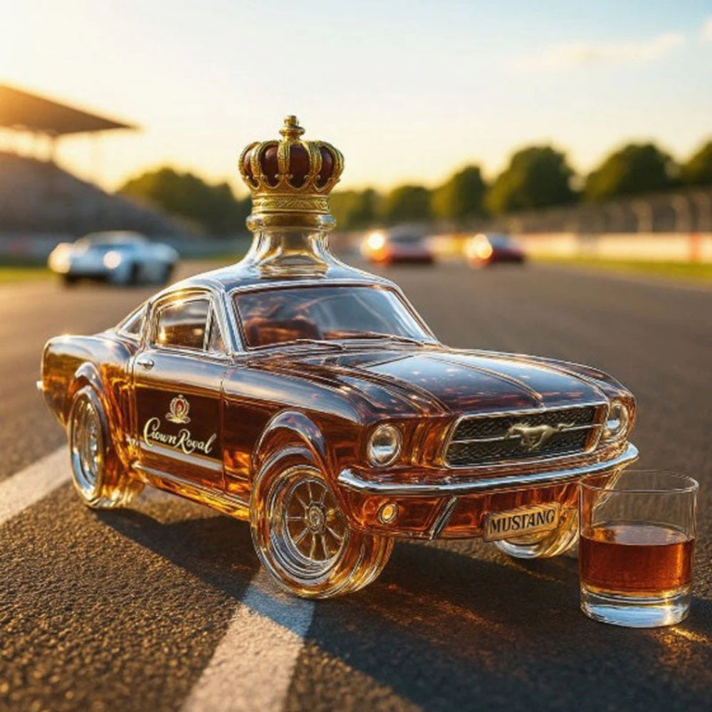 Top-down perspective highlighting the unique cap and opening of the automotive design collectible decanter bottle.