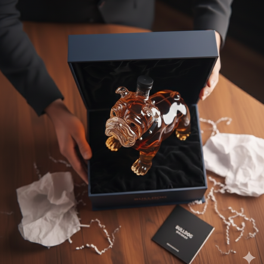 Side profile of the unique bulldog whisky decanter, revealing its robust and loyal stance.