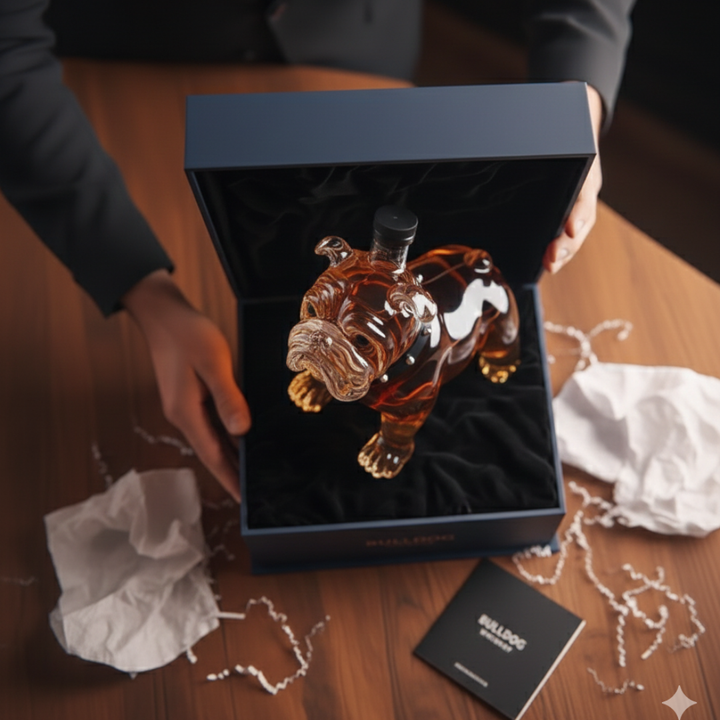 Side profile of the unique bulldog whisky decanter, revealing its robust and loyal stance.