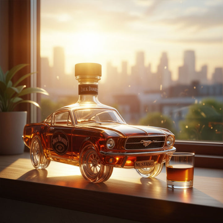 Lifestyle shot of the collectible decanter bottle displayed on a wooden bar cart with other barware.