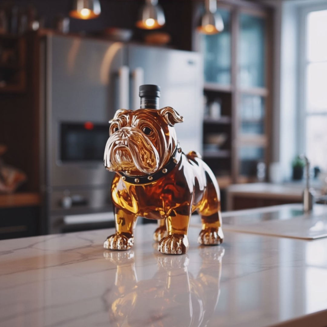 Lifestyle image of the Seraphina bulldog whisky decanter placed amongst other bar accessories.