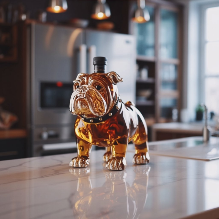 Lifestyle image of the Seraphina bulldog whisky decanter placed amongst other bar accessories.