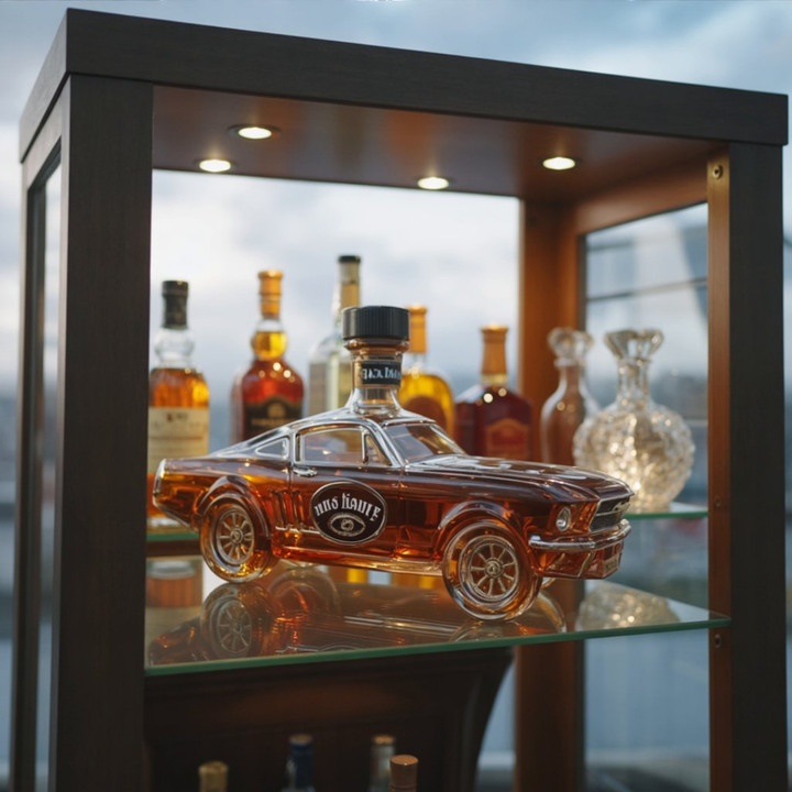 Detail of the handcrafted texture and clarity of the glass used in the automotive design collectible decanter.