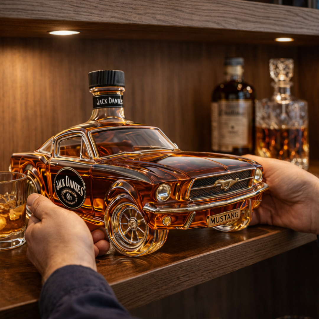 The collectible decanter bottle presented in a gift box, emphasizing its premium and unique appeal.