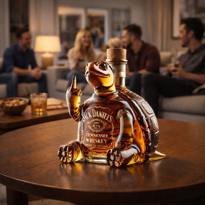 A lifestyle shot of the Seraphina novelty decanter on a shelf in a modern living space, adding a touch of unique decor.