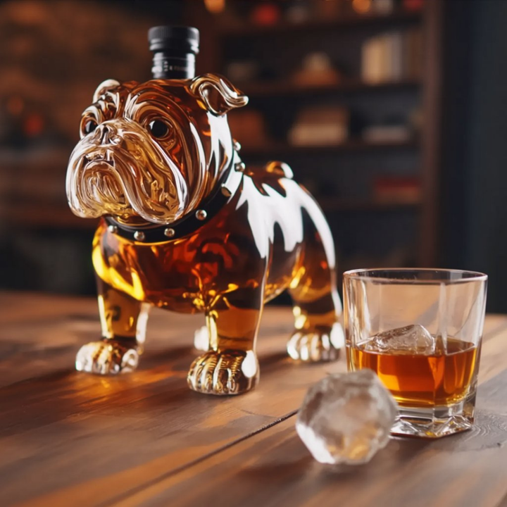 Detail shot of the base of the handcrafted glass bulldog decanter, showing its stability.